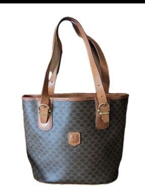 Celine Triomphe Macadam Classic Brown Patterned Tote Bag with Leather Trim
